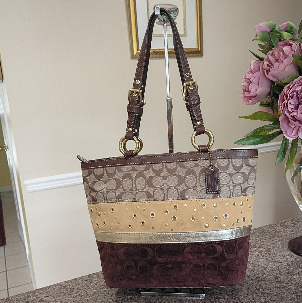 Coach Y2K Patchwork Tote Bag w/ Signature Canvas, Velvet, Suede & Leather Trim - Picture 3 of 15